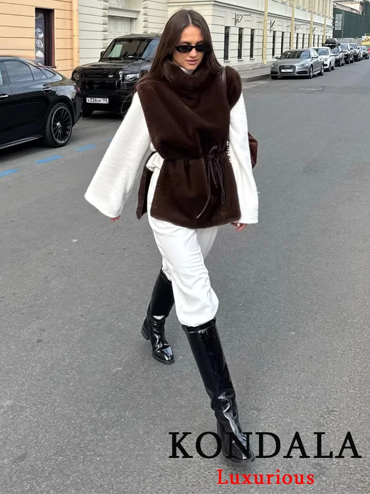 TRAFZA, abrigo informal de piel sintética para mujer, jersey marrón liso de cuello alto, fajas, Top recto, nueva moda, abrigo femenino para vacaciones de otoño 2025