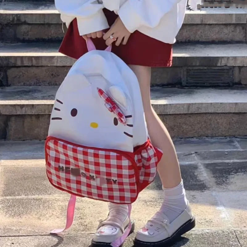 Sanrio Hello Kitty Cute Cartoon Plaid Backpack Y2k Women Fashion Large Capacity Kawaii Schoolbag Casual Shoulder Bags My Melody