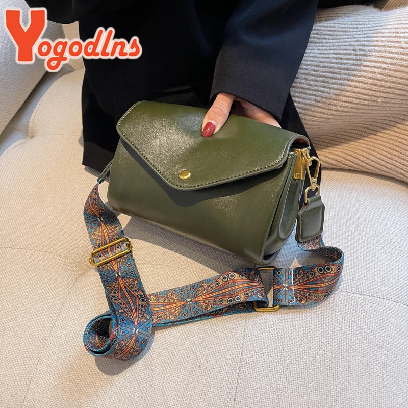 Vintage Shoulder Bag Female PU Leather Pillow Shape Bag Fashion Crossbody Bag Wide Strap Satchel Handbag Clutch Purse