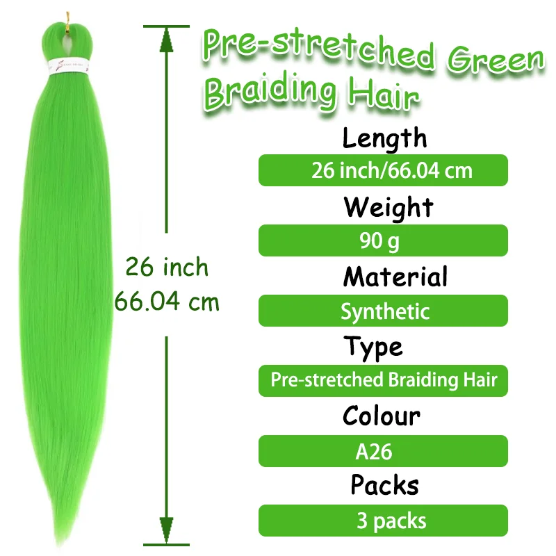 Capelli intrecciati verdi prestirati 26 pollici 3 confezioni di capelli intrecciati per trecce, impostazione estensioni dei capelli intrecciati sintetici (26 pollici)