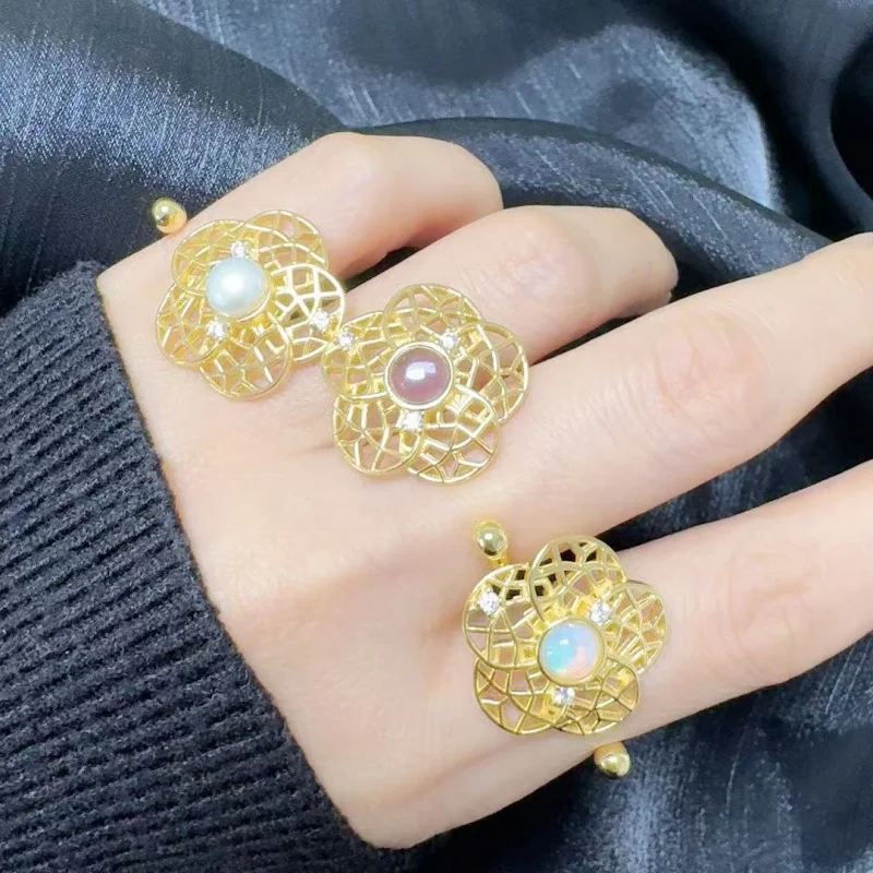

S925Pure Silver Natural Gemstone Pearl Lace Flower Index Finger Ring Light Luxury High-end Feel Female Niche Personality Tempera