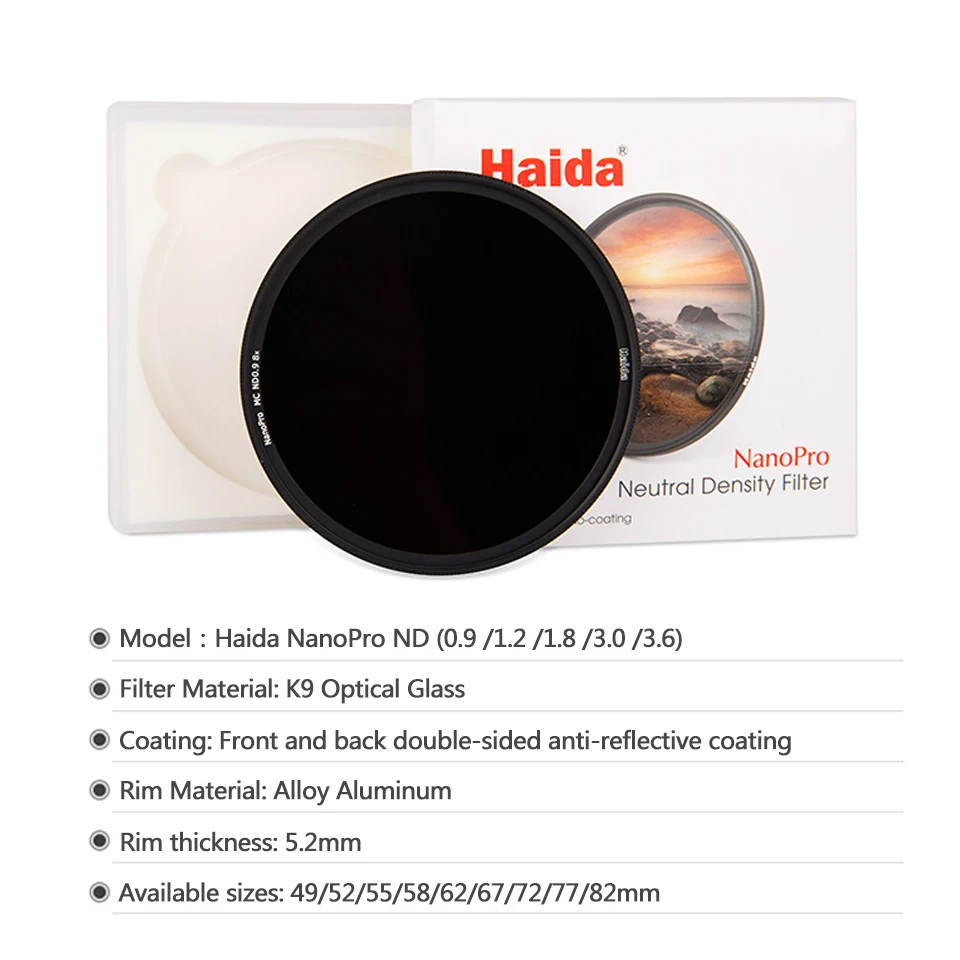 Haida NanoPro ND Filter ND0.9 ND1.8 ND3.0 Medium Gray Density Lens Landscape Photography Filters with Double-sided Coated