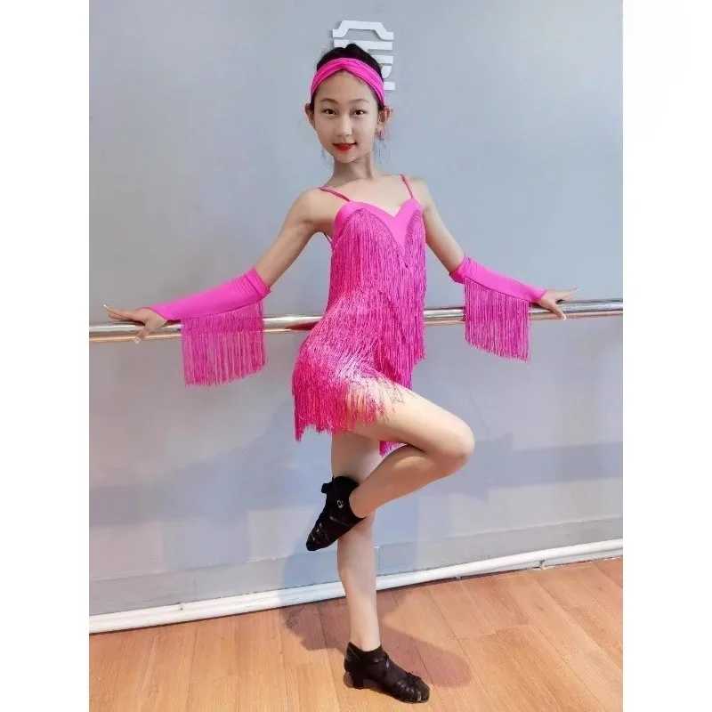 

Новое платье для латинских танцев для девочек по индивидуальному заказу, тренировочный наряд, детский комбинезон с кисточками, комплект одежды для выступлений, ча-ча-самба