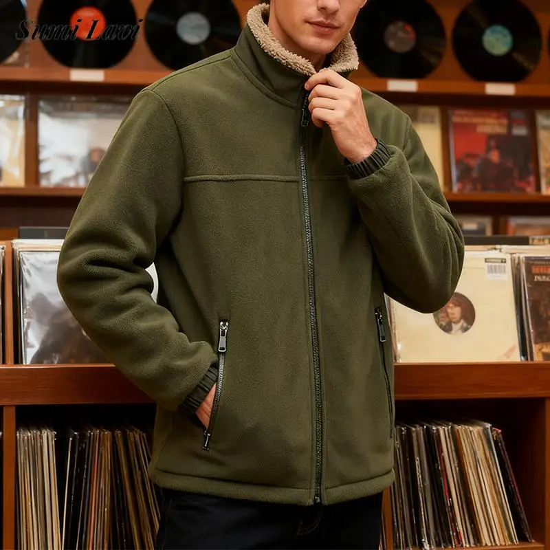 

Trendy Men's Solid Color Fleece Lining Coats Streetwear Autumn Winter Stylish Zip-up Lapel Jackets For Men Daily Casual Jacket