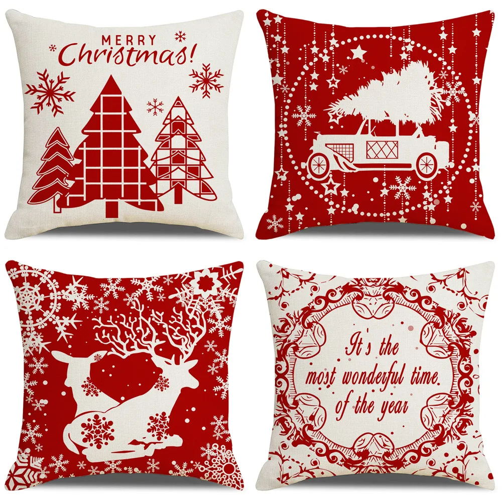 

2023 Christmas Decoration Pillowcase Red Linen Cushion Cover Reindeer Snowflake Pine Tree Printed Pillows Cover Happy New Year