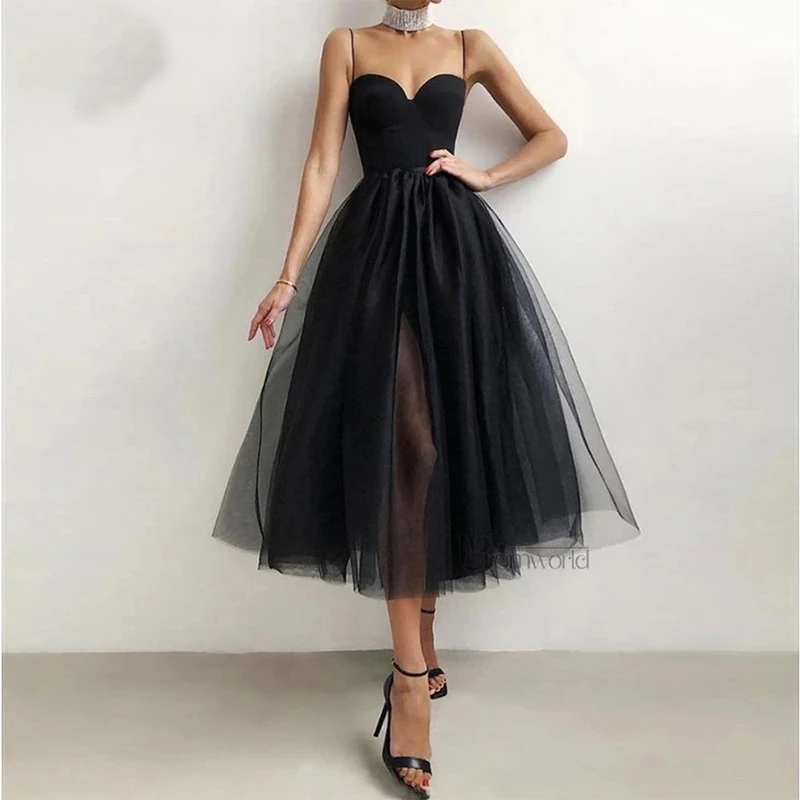 2025 vestido Formal De tul para fiesta De bienvenida con tirantes finos vestido De fiesta negro vestidos De noche para cena para mujer bata De Soirée