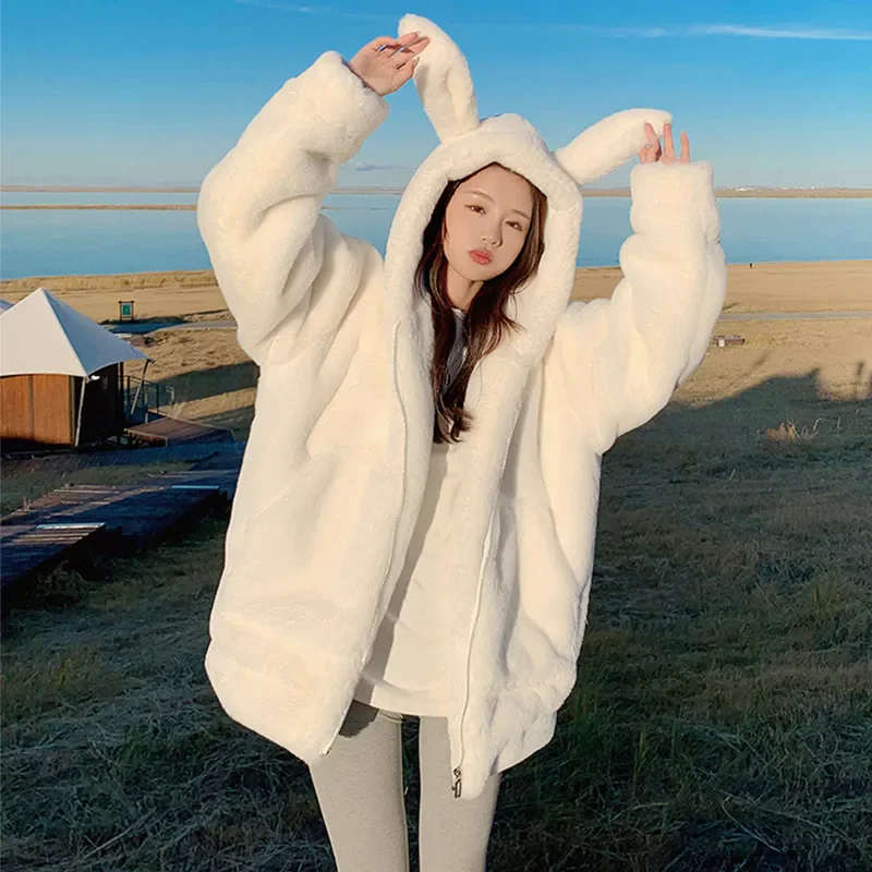 Thicke Rabbit Ears Cute Lambswool Jacket Women's Outwear Autumn Winter New Loose Plus Velvet Warm Soft Waxy Furry Cotton Jacket