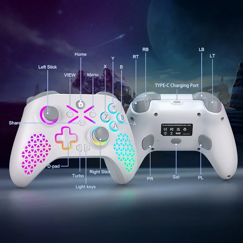 وحدة تحكم لـ Xbox One S/X/Series X/S/PC لوحة ألعاب لاسلكية 2.4G 6 محاور اهتزاز قاعة تأثير لعبة فيديو مقبض التحكم عن بعد