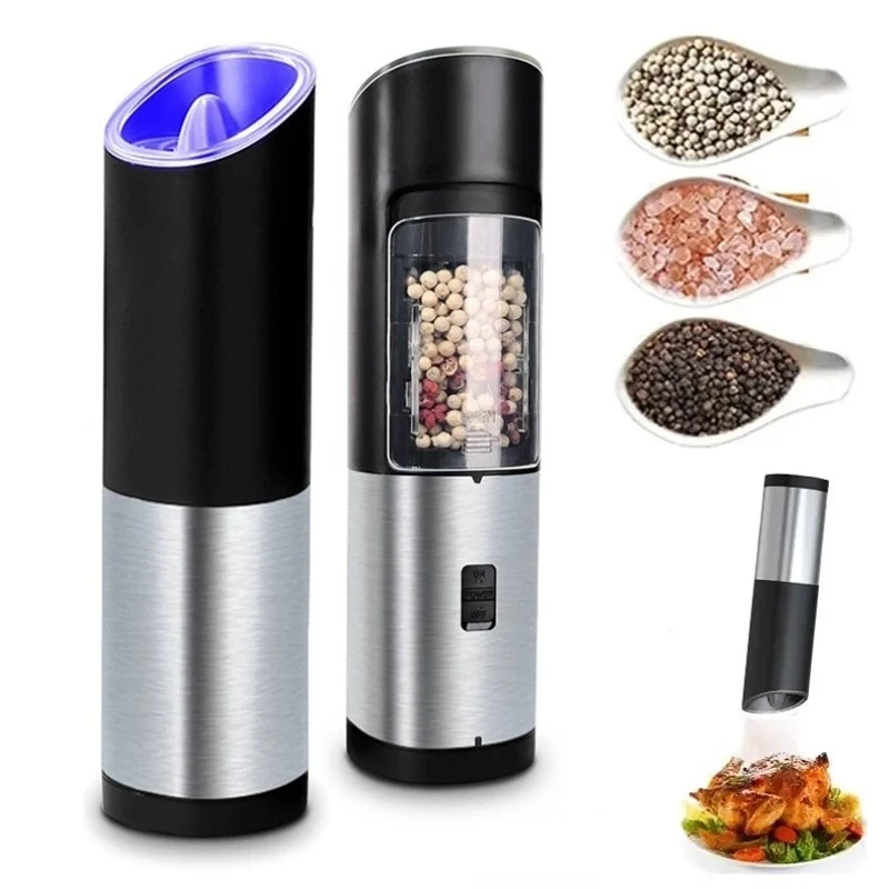 2pcs Automatic Sea Salt And Pepper Grinder With LED Light Stainless Steel Adjustable Coarseness Spice Mill Battery Powered