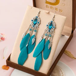 Vintage Silver Color Leaf Crystal Feather Earrings for Women Long Temperament Personality Earring Ethnic Female Jewelry Gift