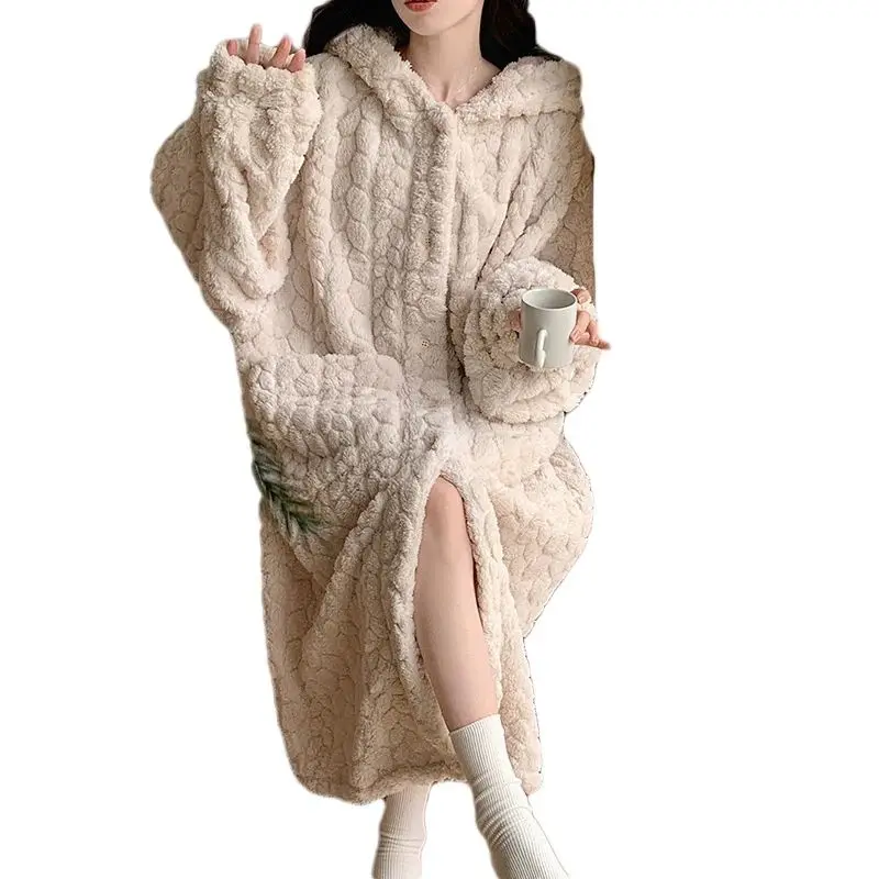 Pocket Robe for Women Winter Loose Nightdress Warm Fleece Pajama One Piece Hooded Sleeping Solid Home Wear