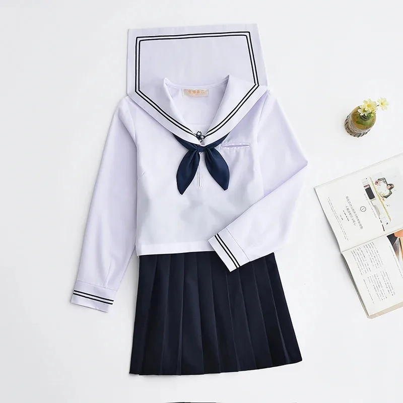 Long Sleeved Sailor Suit Jk Sets Japanese School Uniforms Girls White Top Navy Pleated Skirt Sakura Pattern Cosplay Student Suit