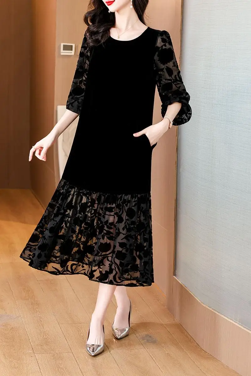 Autumn Winter Formal Occasion Black Velvet Floral Luxury Midi Dress Women Vintage Hepburn Prom 2024 Solid Elegant Casual Dresses