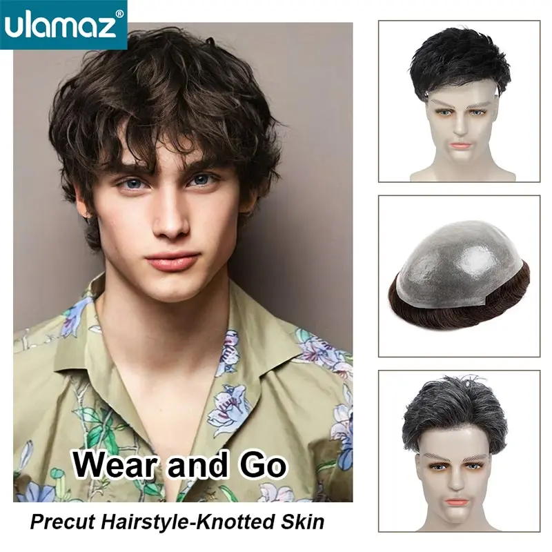 

Precut Hairstyle Knotted Skin Men's Capillary Prosthesis 0.10mm Poly PU Toupee Wig Male Durable Hair System For Man Haircut Wigs