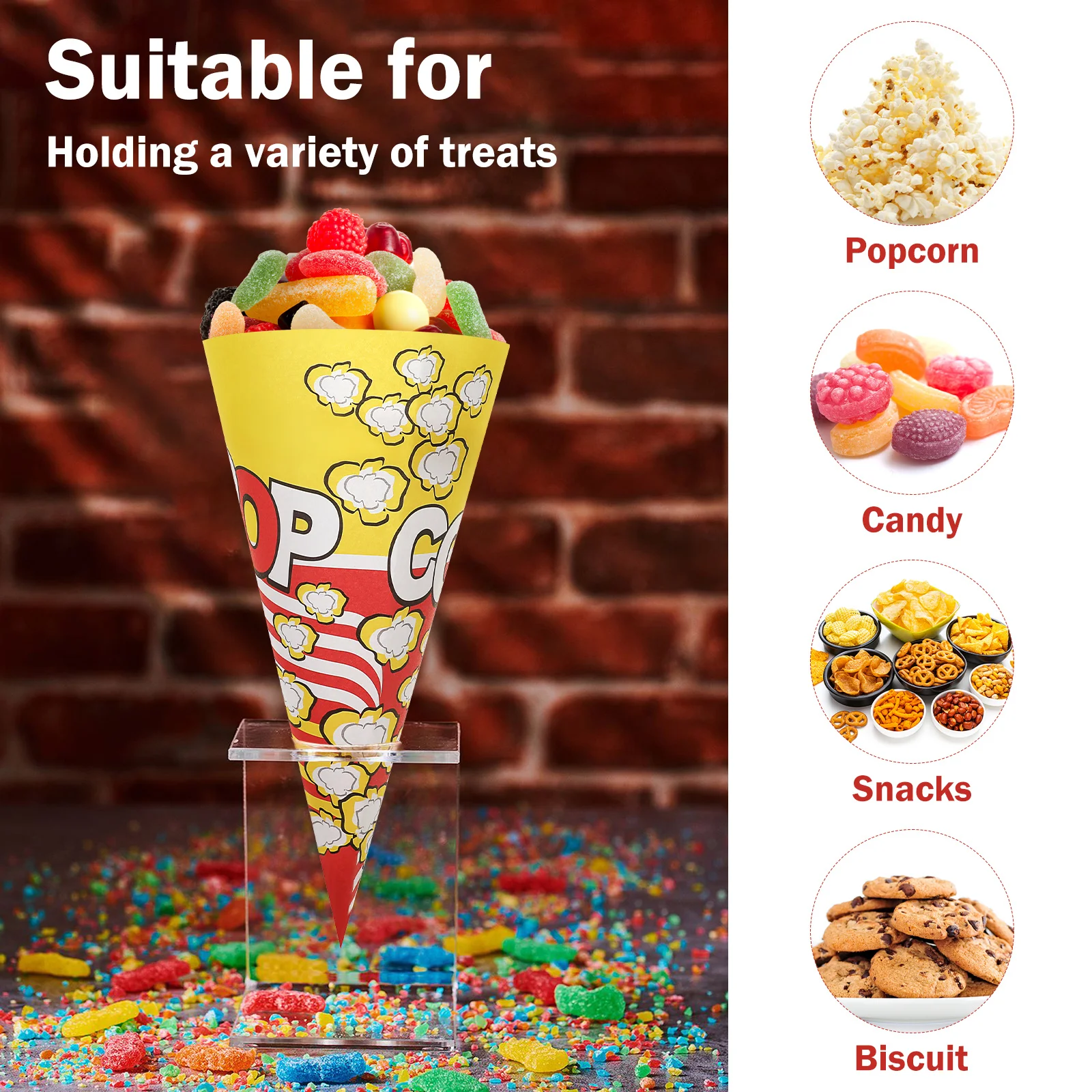 50Pcs Paper Popcorn Bags Cone Shaped Popcorn Treat Bags Candy Sanck Favor Bags Movie Wedding Celebration Birthday Party Supplies