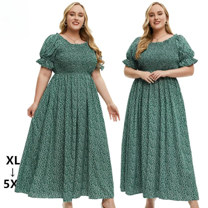 2024 European And American Plus Size Women'S Clothes Summer New Round Neck Short Sleeve Smocking Long Dress