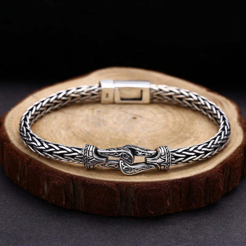 

925 sterling silver bracelet, precision woven horseshoe bracelet, domineering trendy thai silver retro distressed jewelry