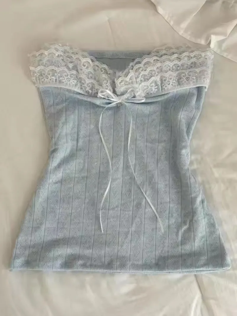 Fashion Fresh Sweet Spliced Lace Strapless Y2k Aesthetic Striped Slim Summer All Match Women Tank Top Harajuku High Street Top