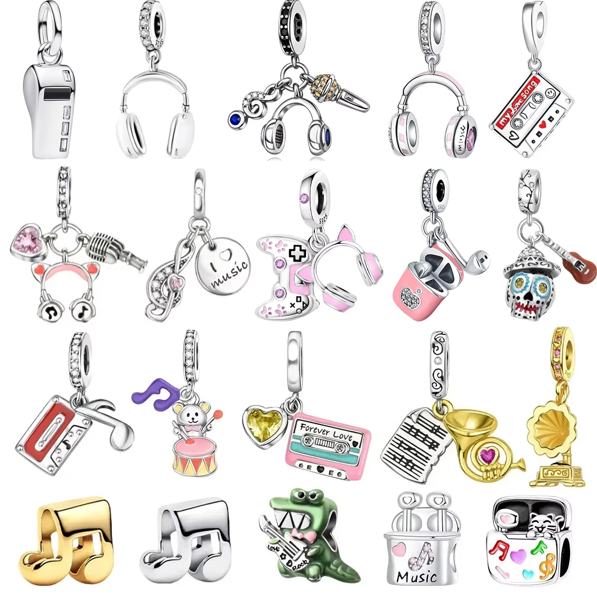 Original 925 Sterling Silver Charms Beads Musical Note Piano Guitar Headset Earrings Pendants Fit Bracelet DIY Fine Jewelry Gift
