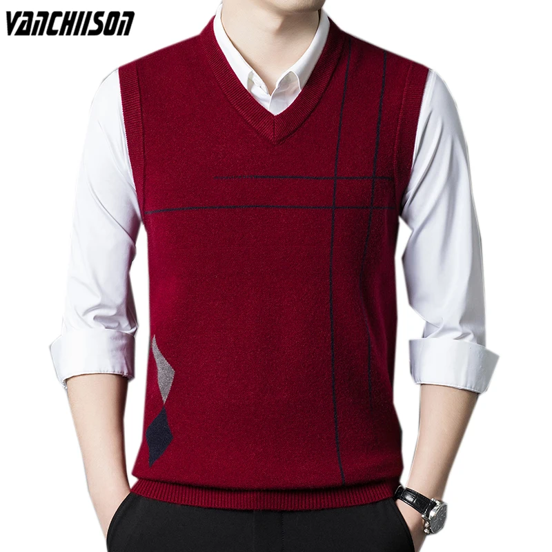 

Men 14% Wool Knit Tank Vest Sleeveless Sweater Top Jumpers Thick for Autumn Winter Basic V Neck Print Male Fashion 00294