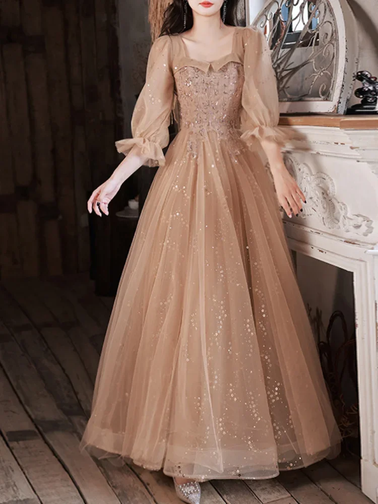 Customized 2024 Spring Summer Party Dress Square Collar Long Puff Sleeve Evening Dress Sequined Appliques Mesh Tiered Design Pro