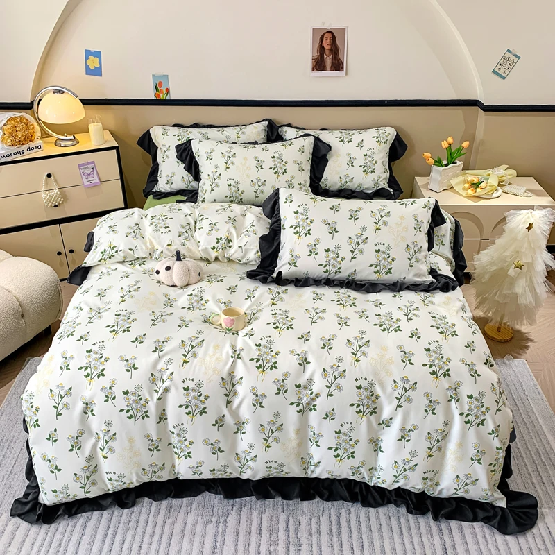 New Washed Cotton Edge Three - Four Piece Quilt Set Printed Small Clear Cover Double Bedding Set 180x220 200x230