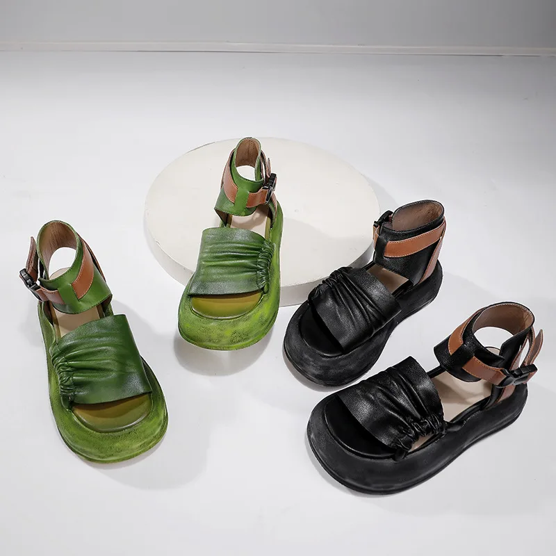 GKTINOO 6.5cm Cow Genuine Leather Fashion Summer Ankle Booties Round Summer Sandals Mary Jane Platform Wedge Buckle Women Shoes