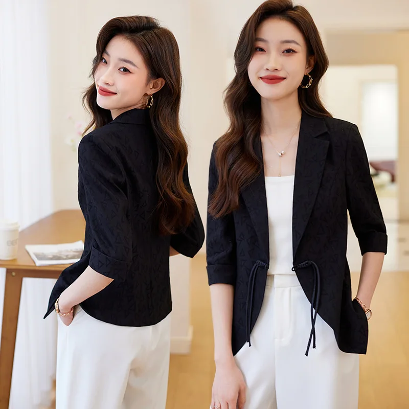 White in Thin Section 3/4 Sleeve Suit Coat Women's Small Summer Design Sense Temperament Leisure Buckle Small Suit Women