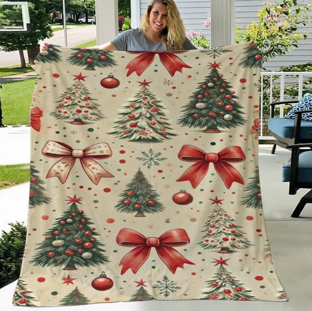 Beige Throw Blanket Red Bowknot Christmas Soft Warm Blankets For Sofa Bed Vintage Xmas Tree Cream Flannel Home Decor