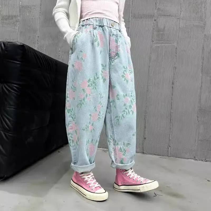 

Teen Girls Denim Pants Spring Autumn New Kids Floral Casual Wide Leg Trousers Children's Jeans 110-170cm