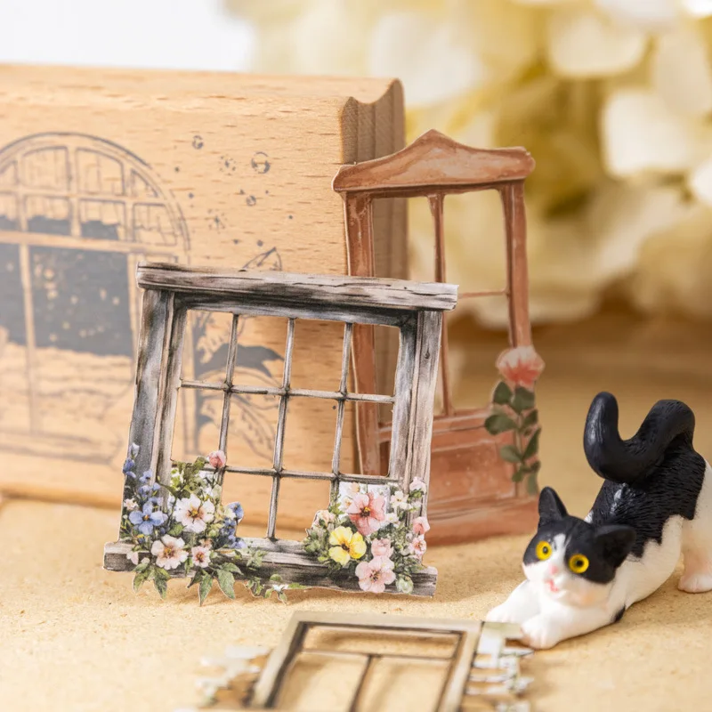 10pcs material Sticker Pack Window Cherry Dreams pack Window Sill with Cat Stationery Fluttering Window Scrapbook cut 117*74mm