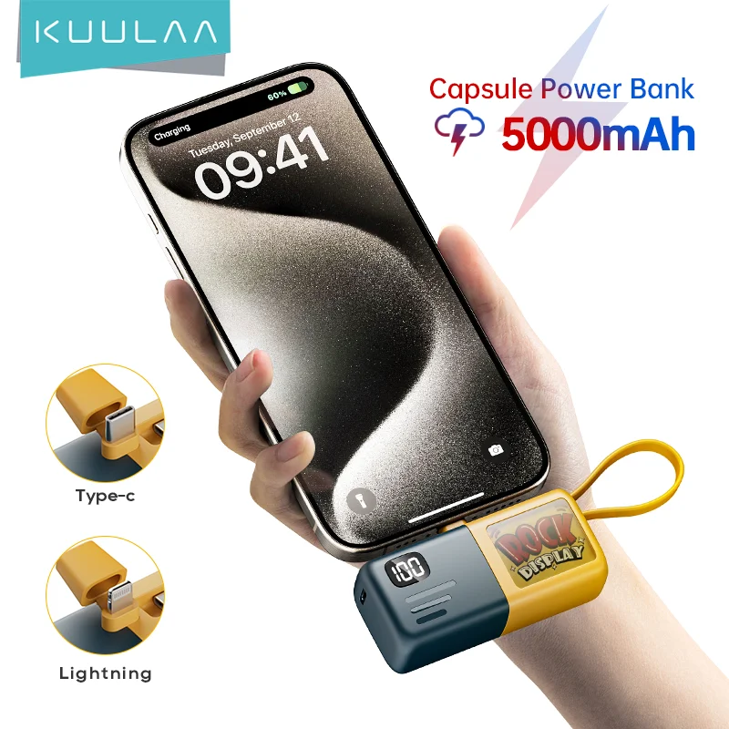 KUULAA 5000mAh Mini Power Bank Fast Charging Power Bank With Type-C Cable Batterie Externe Portable Charger For iPhone 16 15 14