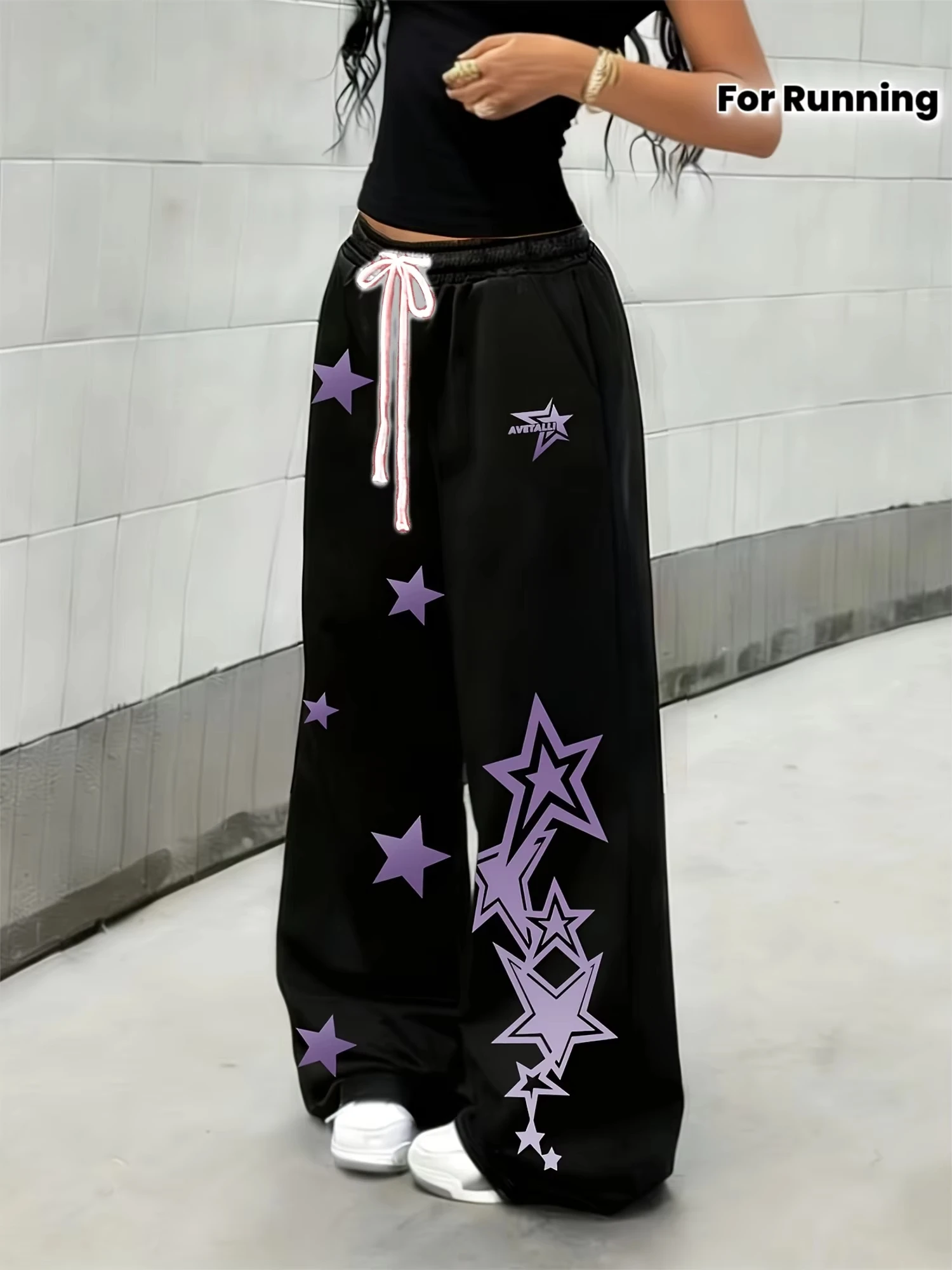

Новые модные брюки 2026 года с черно-фиолетовым звездным принтом, 3D, унисекс, с эластичным поясом на шнурке, в стиле Y2K, для бега и уличной моды