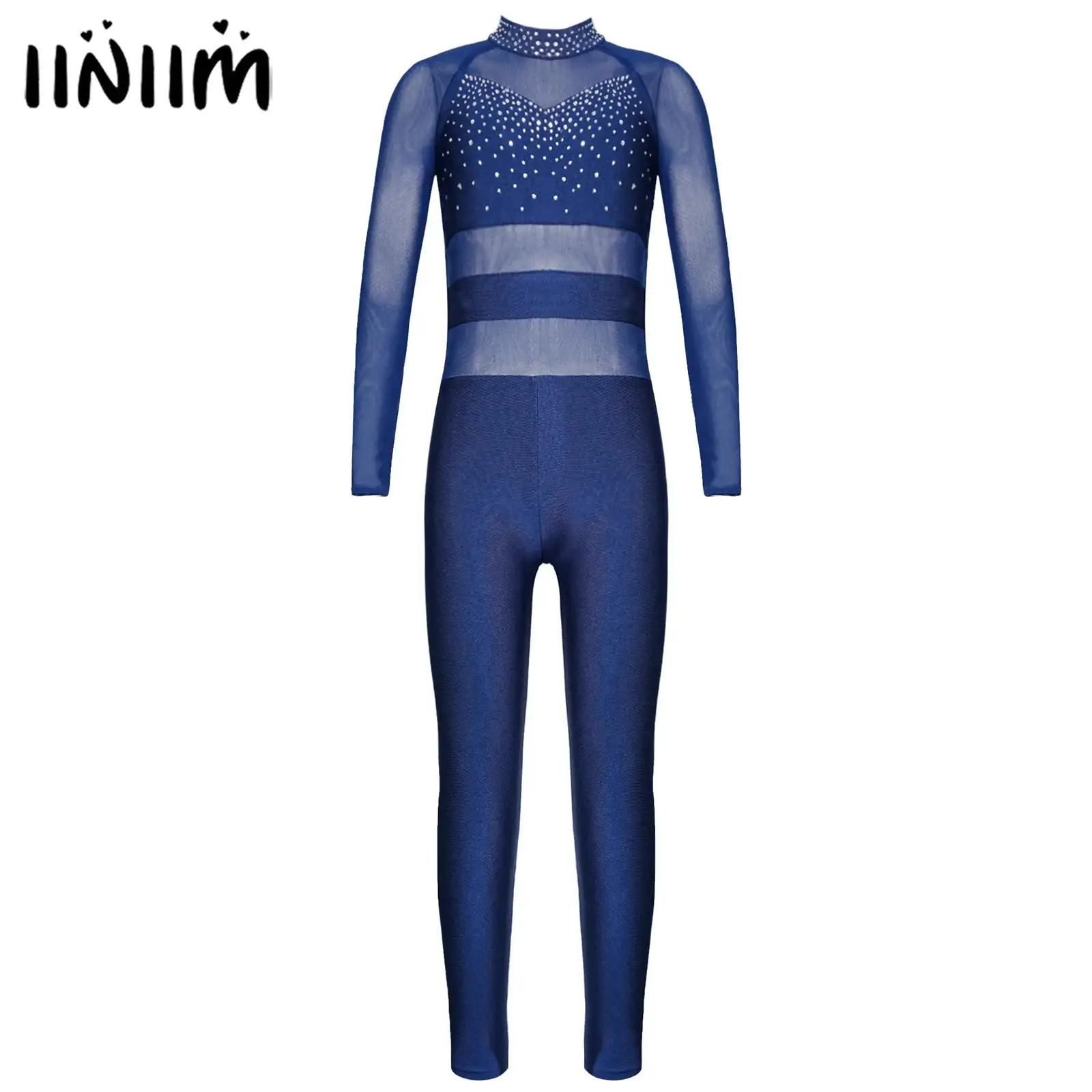 Girls Gymnastics Figure Skating Ballet Jersey Dance Unitards Shiny Rhinestone Jumpsuit Sheer Mesh Long Sleeve Bodysuit Dancewear