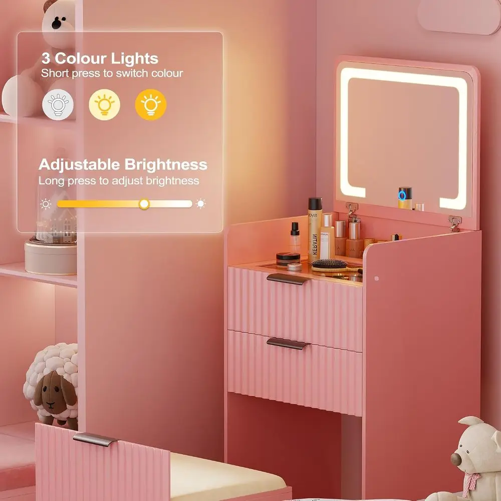 3 in 1 Small Vanity Desk with Plip Top Mirror & 3 Ders or Bedroom,Pink | Makeup Vanity with Visible Glass Desktop,Compact Vanity view 4