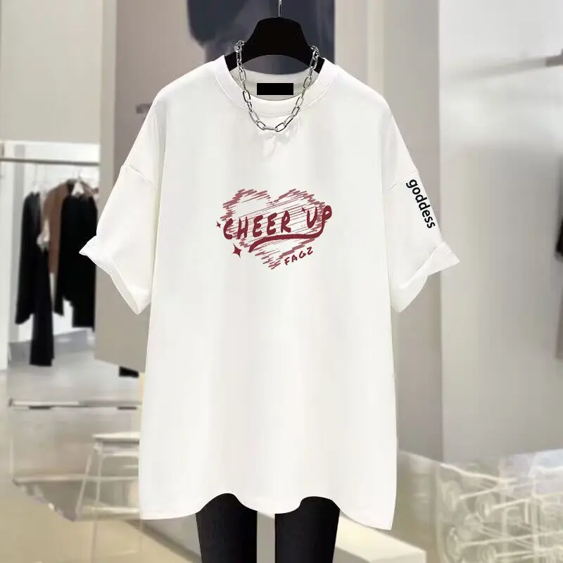 Women's Fashion Versatile Love Pattern Pure Cotton Short Sleeve T-Shirt Summer New Casual Loose Slim Tops Lady Letter Basic Tees