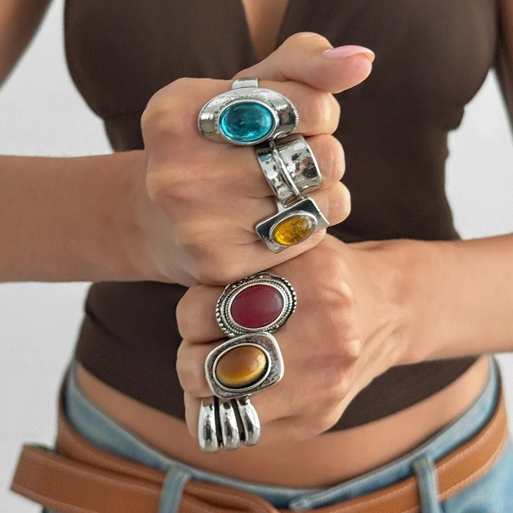 6Pcs/set Antique Silver Tone Wide Band Ring Inlaid Resin Stone Geometric Design Stackable Ring Stackable Band