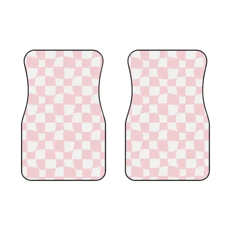 Baby Pink and White Trippy Checkered Car Mats (2x Front)