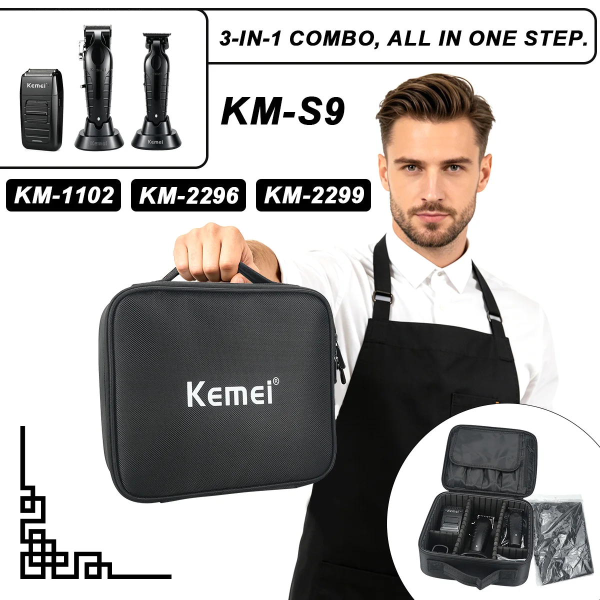 

Kemei S9 Kit KM-2296 2299 1102 Men's Hair Clipper with Storage Bag Men's Hair Trimmer Machine Professional Hair Cutting Machine