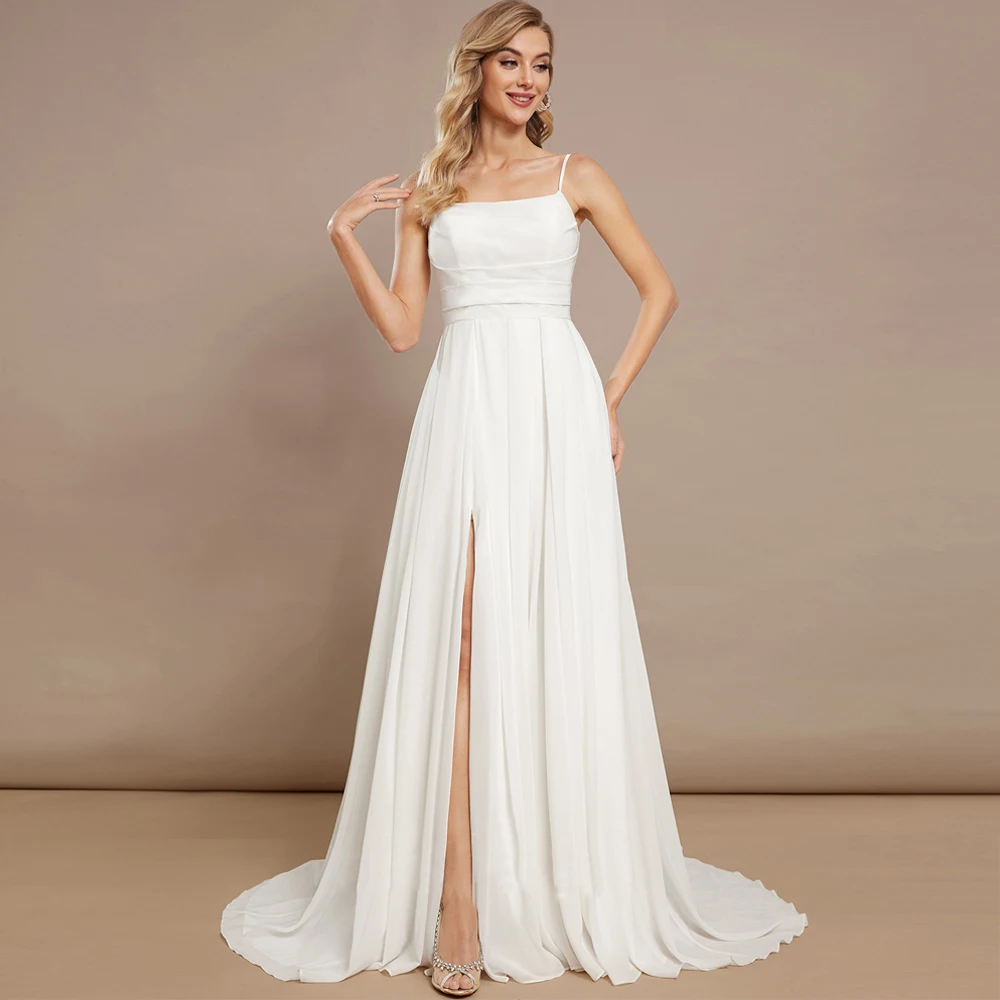 

Simple Spaghetti Straps Wedding Dresses Boat Neck Sleeveless Bridal Grown Draped Front Slit Open Back A Line Vestido De Noiva