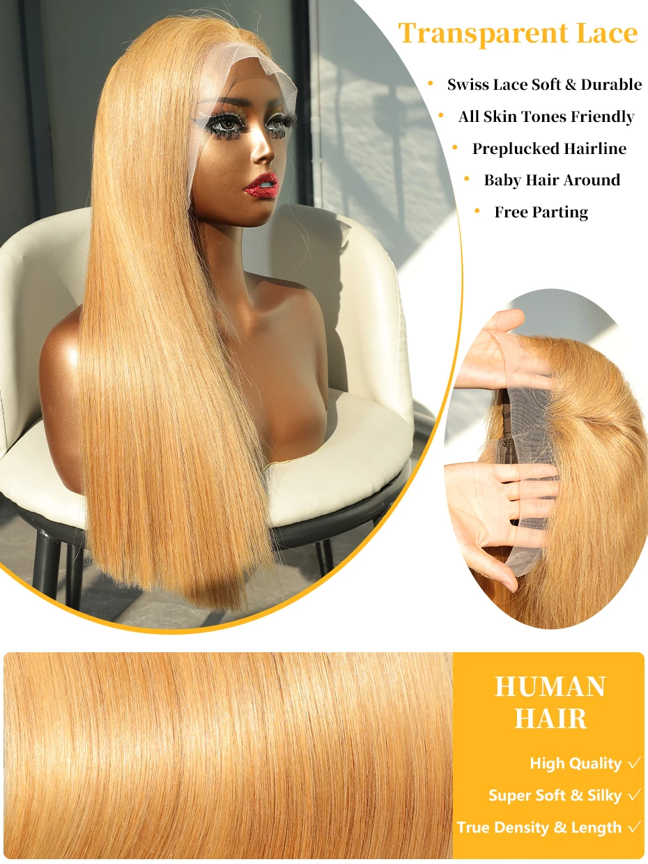 

Hd Transparent 250% Bone Straight 24 Inch 13x4 Lace Frontal Human Hair Wigs Vietnamese PrePlucke #27 Blonde 5x5 Lace Closure Wig