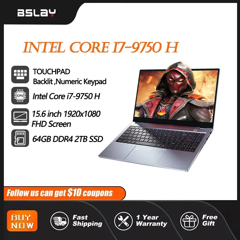 게임용 노트북, 15.6 인치 인텔 I7-9750H, 64GB RAM, 2TB SSD, DDR4 Win 11, 5000mAh HD 카메라, 지문 잠금 해제 휴대용 컴퓨터 PC