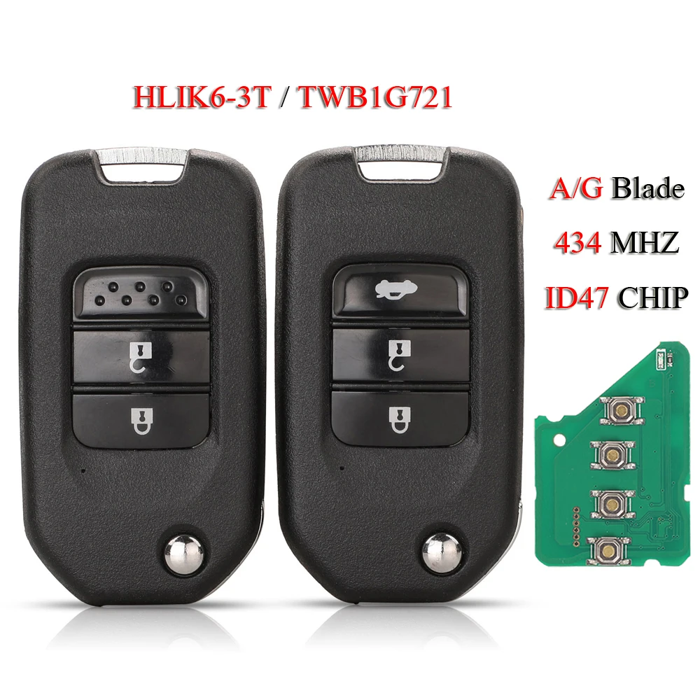 

jingyuqin HLIK6-3T/TWB1G721 Remote Smart Car Key For Honda Accord Civic City CRV XRV HRV FRV Vezel Spirior Jazz Jade 433MHz ID47