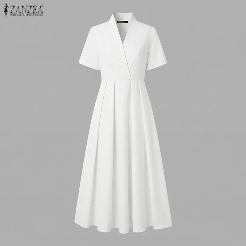 ZANZEA Elegant V Neck Office Dresses 2026 Summer Women Short Sleeve Pleated Sundress Stylish Solid A Line Collect Waist Dress