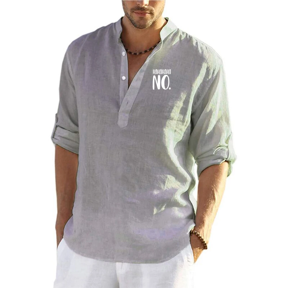 Hahaha لا جودة عالية بلون 100% قمصان كتان الرجال الصيف تنفس نصف كم عادية بلون الكتان النقي القمصان #4