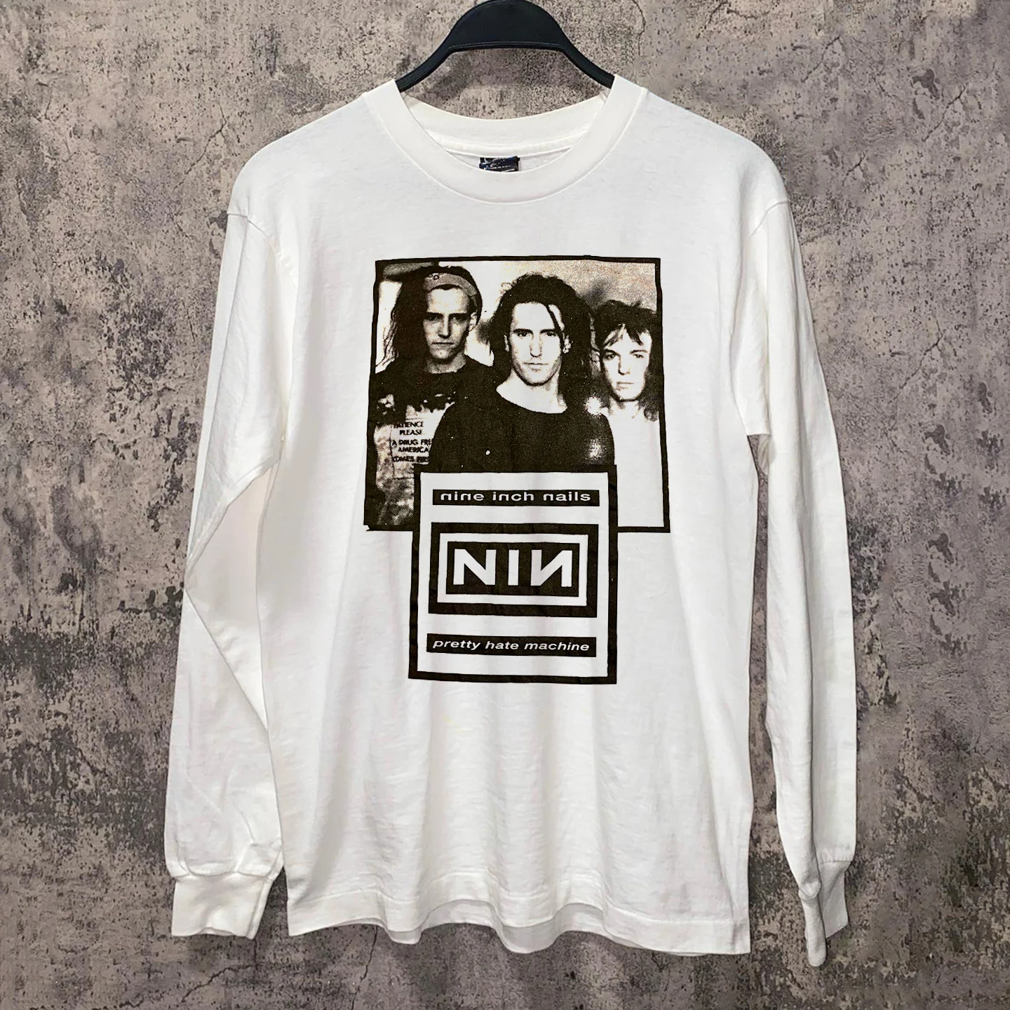 Nine Inch Nails American Retro Industrial Rock Hip Hop Trendy Print Long Sleeve T-Shirt Cotton round Neck Loose Fit Unisex