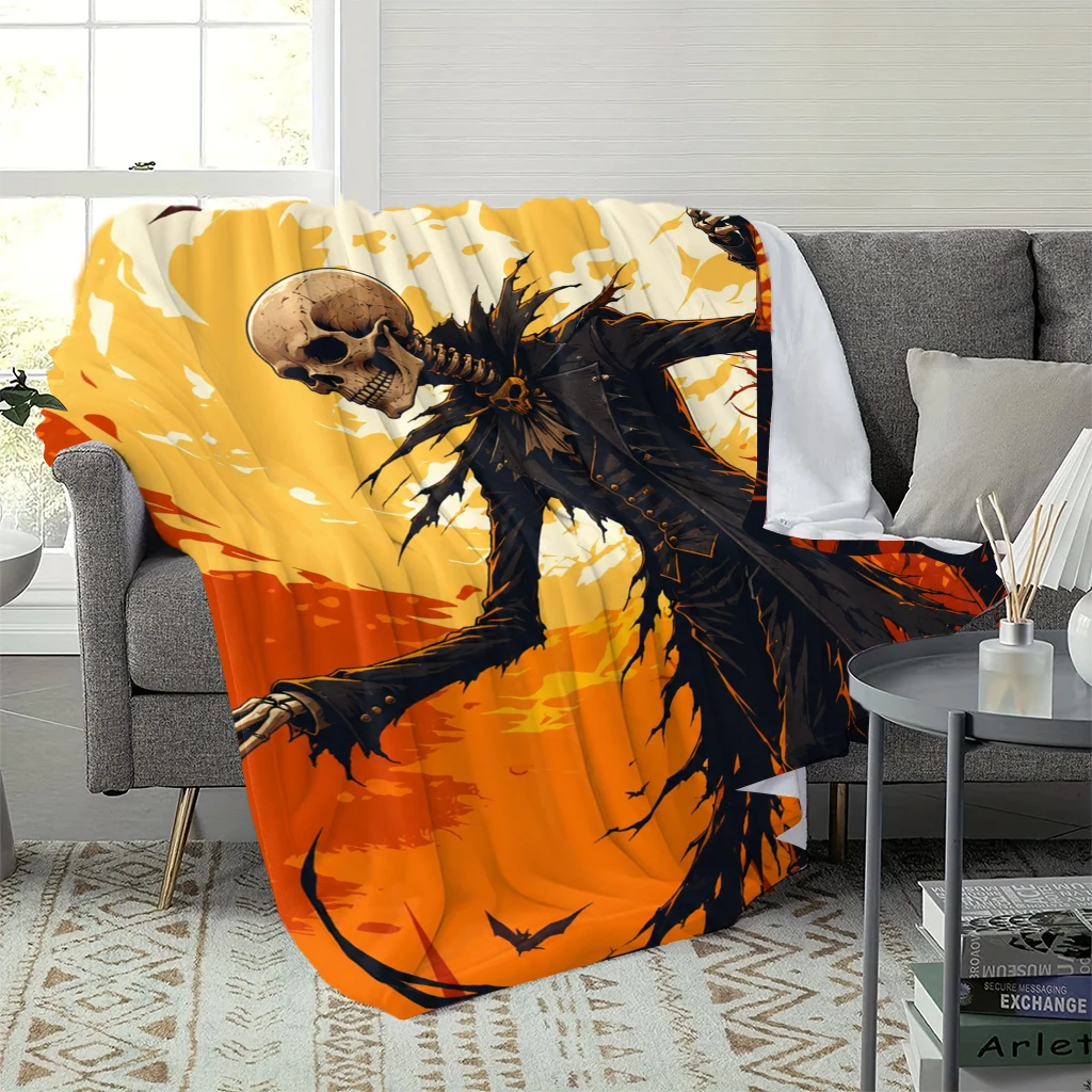 Halloween Throw Blanket Gothic Skeleton Gentleman Vampire Bat Castle Sunset Background Soft Flannel Blanket for Sofa Couch Bed