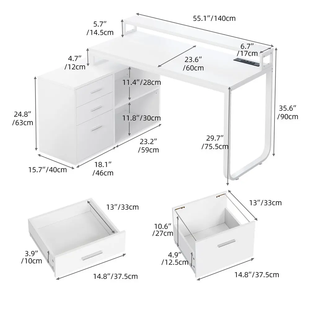 55" Computer Table PC Laptop Workstation Writing Desk w/Power Outlet LED Lights