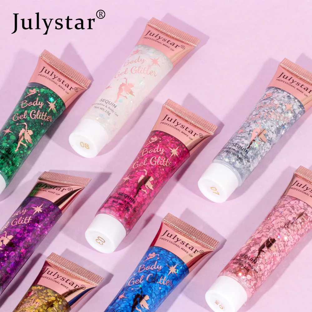 Julystar-Gel Glitter para Cabelo, Maquiagem Corporal, Gel Lantejoula, Decoração de Sombra, Gel Diamond Glitter, Lantejoulas Soltas para Coração, Cosméticos