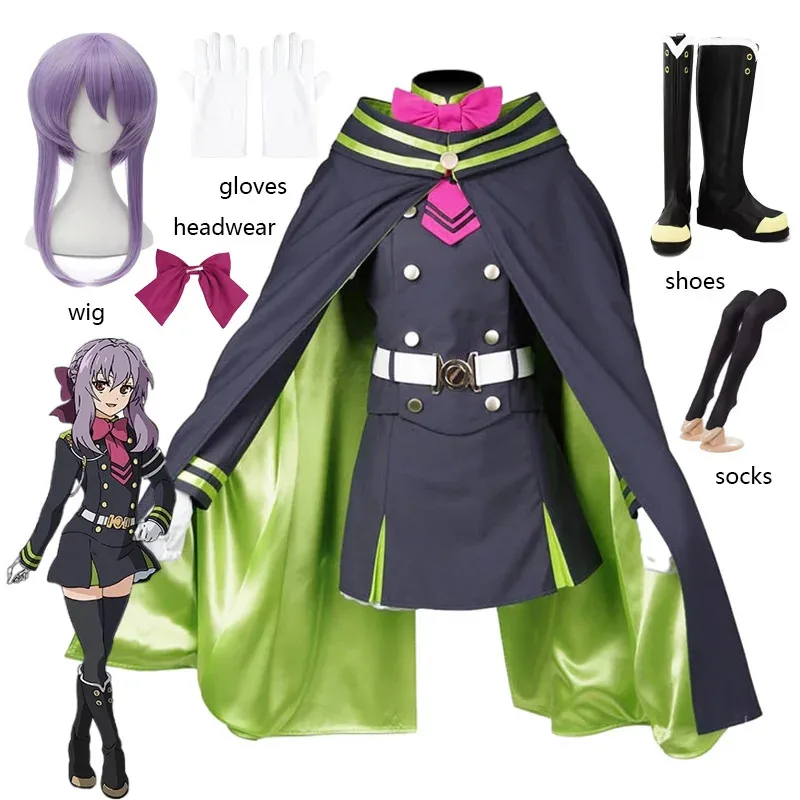 

Anime Seraph of the End Owari no Serafu Hiiragi Shinoa Cosplay Costumes Women Black Fancy Skirt Top Military Uniform Suit